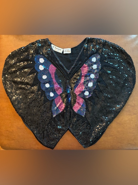 St. Honore Tops - St Honore Silk Butterfly Sequin Top Beaded Black Statement Oversized
